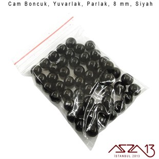 Yuvarlak 8 mm, İmitasyon Parlak Siyah Oniks Cam Boncuk / Paket İçeriği 50 Adet