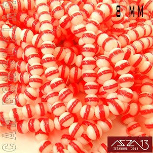 Yuvarlak 8 mm, Neon Pembe Halkalı Beyaz Cam Boncuk / Paket İçeriği 50 Adet