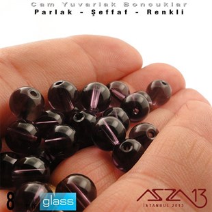 Yuvarlak - 8 mm - Ametis - Şeffaf - Parlak Yüzey - Cam Boncuk / 30 Adet