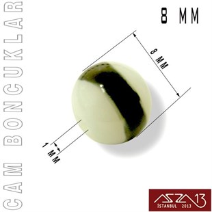 Yuvarlak 8 mm, Siyah Halkalı Beyaz Cam Boncuk / Paket İçeriği 50 Adet