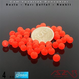 Yuvarlak - 4 mm - Neon Turuncu - Yarı Şeffaf - Buzlu Yüzey - Cam Boncuk / 50 Adet