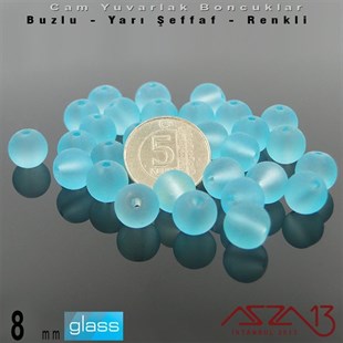 Yuvarlak - 8 mm - Neon Mavi - Yarı Şeffaf - Buzlu Yüzey - Cam Boncuk / 30 Adet