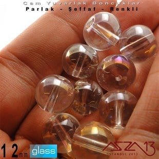 Yuvarlak - 12 mm - Janjanlı Beyaz - Şeffaf - Parlak Yüzey - Cam Boncuk / 10 Adet