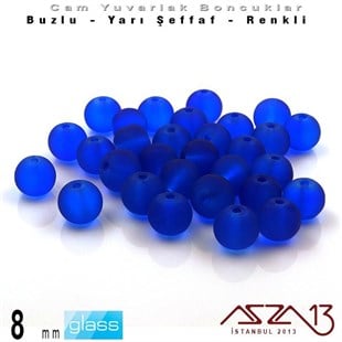 Yuvarlak - 8 mm - Neon Kobalt Mavi - Yarı Şeffaf - Buzlu Yüzey - Cam Boncuk / 30 Adet