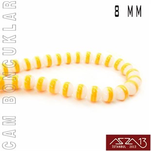 Yuvarlak 8 mm, Neon Turuncu Halkalı Beyaz Cam Boncuk / Paket İçeriği 50 Adet
