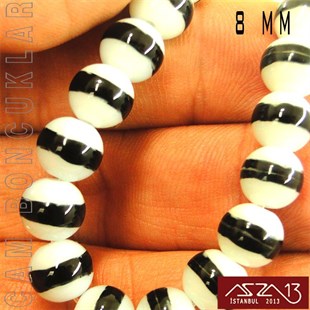 Yuvarlak 8 mm, Siyah Halkalı Beyaz Cam Boncuk / Paket İçeriği 50 Adet