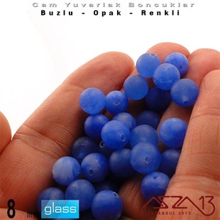 Yuvarlak - 8 mm - Neon Gök Mavi - Opak - Buzlu Yüzey - Cam Boncuk / 30 Adet