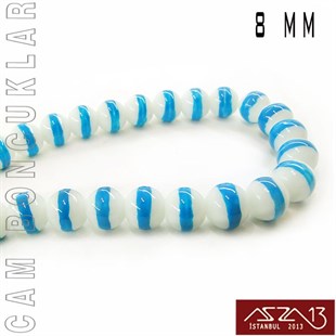 Yuvarlak 8 mm, Mavi Halkalı Beyaz Cam Boncuk / Paket İçeriği 50 Adet