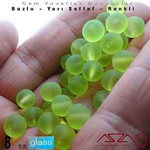 Yuvarlak - 8 mm - Neon Yeşil - Yarı Şeffaf - Buzlu Yüzey - Cam Boncuk / 30 Adet