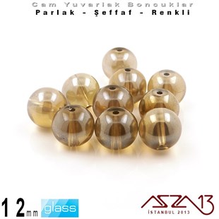 Yuvarlak - 12 mm - Janjanlı İpek_Gri - Şeffaf - Parlak Yüzey - Cam Boncuk / 10 Adet