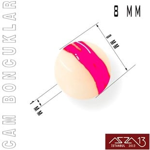 Yuvarlak 8 mm, Neon Pembe Halkalı Beyaz Cam Boncuk / Paket İçeriği 50 Adet