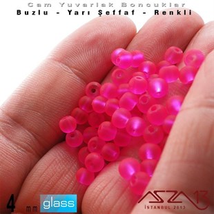 Yuvarlak - 4 mm - Neon Koyu Pembe - Yarı Şeffaf - Buzlu Yüzey - Cam Boncuk / 50 Adet