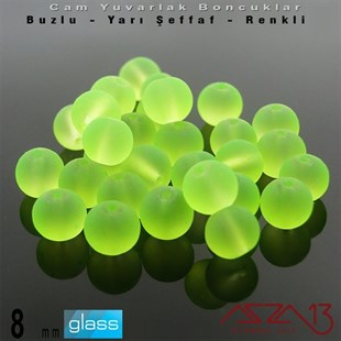 Yuvarlak - 8 mm - Neon Yeşil - Yarı Şeffaf - Buzlu Yüzey - Cam Boncuk / 30 Adet