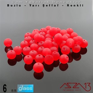 Yuvarlak - 6 mm - Neon Vişne - Yarı Şeffaf - Buzlu Yüzey - Cam Boncuk / 40 Adet