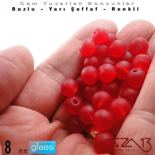 Yuvarlak - 8 mm - Neon Vişne  - Yarı Şeffaf - Buzlu Yüzey - Cam Boncuk / 30 Adet