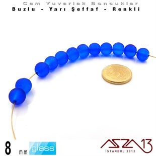 Yuvarlak - 8 mm - Neon Kobalt Mavi - Yarı Şeffaf - Buzlu Yüzey - Cam Boncuk / 30 Adet