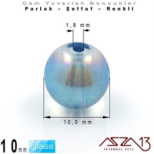 Yuvarlak - 10 mm - Janjanlı Mavi_Yeşil - Şeffaf - Parlak Yüzey - Cam Boncuk / 10 Adet
