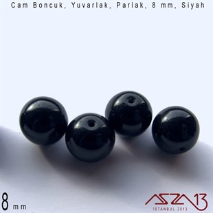 Yuvarlak 8 mm, İmitasyon Parlak Siyah Oniks Cam Boncuk / Paket İçeriği 50 Adet