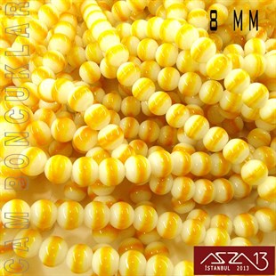 Yuvarlak 8 mm, Sarı Halkalı Beyaz Cam Boncuk / Paket İçeriği 50 Adet