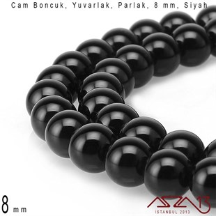 Yuvarlak 8 mm, İmitasyon Parlak Siyah Oniks Cam Boncuk / Paket İçeriği 50 Adet