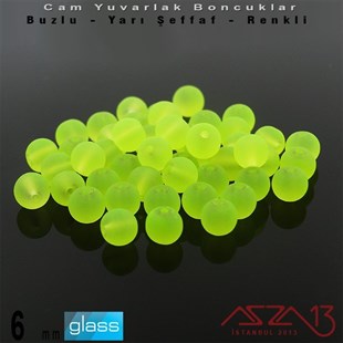 Yuvarlak - 6 mm - Neon Yeşil - Yarı Şeffaf - Buzlu Yüzey - Cam Boncuk / 40 Adet