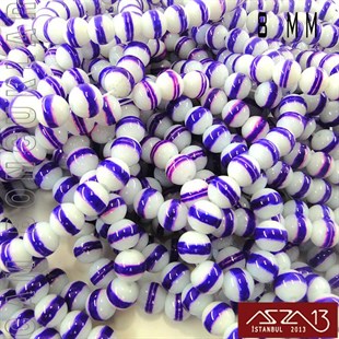 Yuvarlak 8 mm, Mor Halkalı Beyaz Cam Boncuk / Paket İçeriği 50 Adet