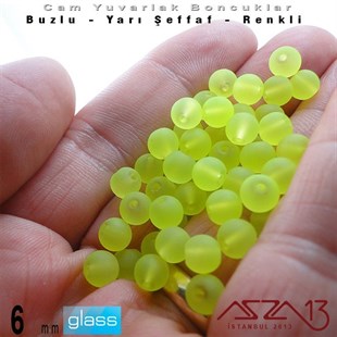 Yuvarlak - 6 mm - Neon Yeşil - Yarı Şeffaf - Buzlu Yüzey - Cam Boncuk / 40 Adet
