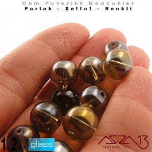 Yuvarlak - 12 mm - Janjanlı İpek_Gri - Şeffaf - Parlak Yüzey - Cam Boncuk / 10 Adet