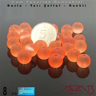 Yuvarlak - 8 mm - Neon Somon  - Yarı Şeffaf - Buzlu Yüzey - Cam Boncuk / 30 Adet