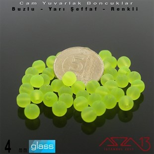 Yuvarlak - 4 mm - Neon Yeşil - Yarı Şeffaf - Buzlu Yüzey - Cam Boncuk / 50 Adet
