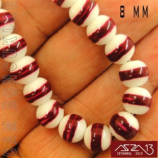 Yuvarlak 8 mm, Bordo Halkalı Beyaz Cam Boncuk / Paket İçeriği 50 Adet