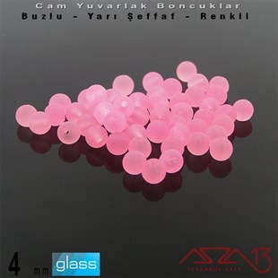 Yuvarlak - 4 mm - Neon Açık Pembe - Yarı Şeffaf - Buzlu Yüzey - Cam Boncuk / 50 Adet