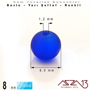 Yuvarlak - 8 mm - Neon Kobalt Mavi - Yarı Şeffaf - Buzlu Yüzey - Cam Boncuk / 30 Adet