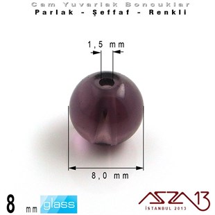 Yuvarlak - 8 mm - Ametis - Şeffaf - Parlak Yüzey - Cam Boncuk / 30 Adet