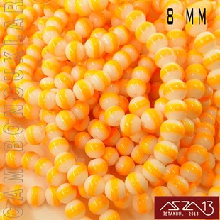 Yuvarlak 8 mm, Neon Turuncu Halkalı Beyaz Cam Boncuk / Paket İçeriği 50 Adet