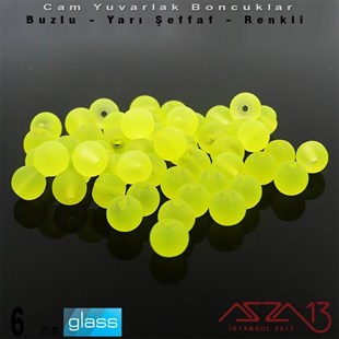 Yuvarlak - 6 mm - Neon Sarı - Yarı Şeffaf - Buzlu Yüzey - Cam Boncuk / 40 Adet