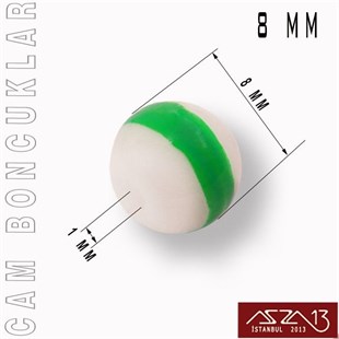 Yuvarlak 8 mm, Yeşil Halkalı Beyaz Cam Boncuk / Paket İçeriği 50 Adet