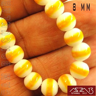 Yuvarlak 8 mm, Sarı Halkalı Beyaz Cam Boncuk / Paket İçeriği 50 Adet
