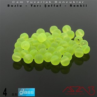 Yuvarlak - 4 mm - Neon Yeşil - Yarı Şeffaf - Buzlu Yüzey - Cam Boncuk / 50 Adet