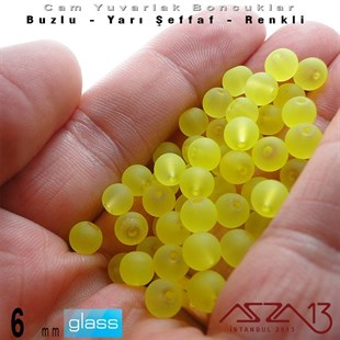 Yuvarlak - 6 mm - Neon Sarı - Yarı Şeffaf - Buzlu Yüzey - Cam Boncuk / 40 Adet