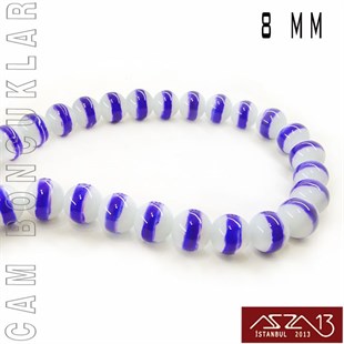 Yuvarlak 8 mm, Mor Halkalı Beyaz Cam Boncuk / Paket İçeriği 50 Adet