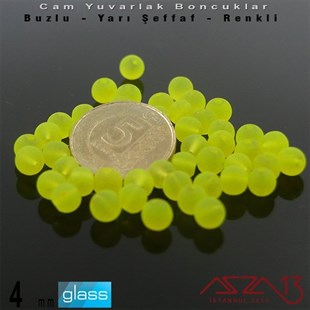 Yuvarlak - 4 mm - Neon Sarı - Yarı Şeffaf - Buzlu Yüzey - Cam Boncuk / 50 Adet