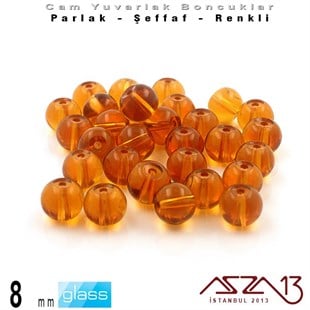 Yuvarlak - 8 mm - Topaz - Şeffaf - Parlak Yüzey - Cam Boncuk / 30 Adet