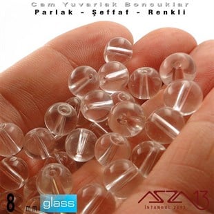 Yuvarlak - 8 mm - Beyaz - Şeffaf - Parlak Yüzey - Cam Boncuk / 30 Adet