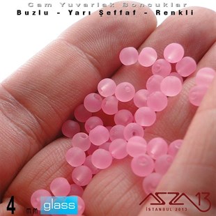 Yuvarlak - 4 mm - Neon Açık Pembe - Yarı Şeffaf - Buzlu Yüzey - Cam Boncuk / 50 Adet