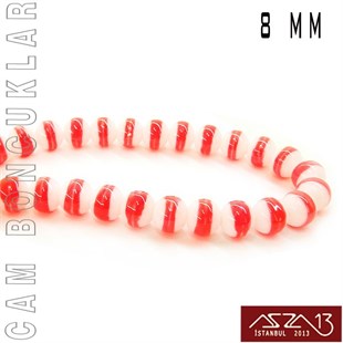 Yuvarlak 8 mm, Neon Pembe Halkalı Beyaz Cam Boncuk / Paket İçeriği 50 Adet