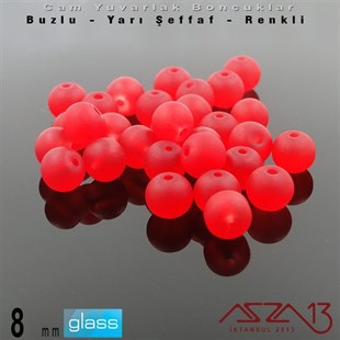 Yuvarlak - 8 mm - Neon Vişne  - Yarı Şeffaf - Buzlu Yüzey - Cam Boncuk / 30 Adet
