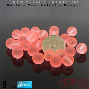 Yuvarlak - 8 mm - Neon Somon - Yarı Şeffaf - Buzlu Yüzey - Cam Boncuk / 30 Adet