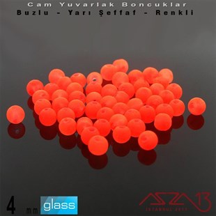 Yuvarlak - 4 mm - Neon Turuncu - Yarı Şeffaf - Buzlu Yüzey - Cam Boncuk / 50 Adet