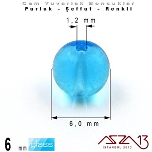 Yuvarlak - 6 mm - Turkuaz - Şeffaf - Parlak Yüzey - Cam Boncuk / 40 Adet